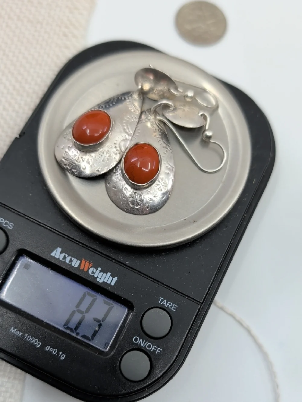 Vintage Sterling Silver Red Coral Cabochon Teardrop Dangle Earrings Artisan